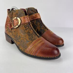 EUC L'ARTISTE GEORGIANA Camel Boho Floral Leather Women’s BOOTS 38 (7.5-8)